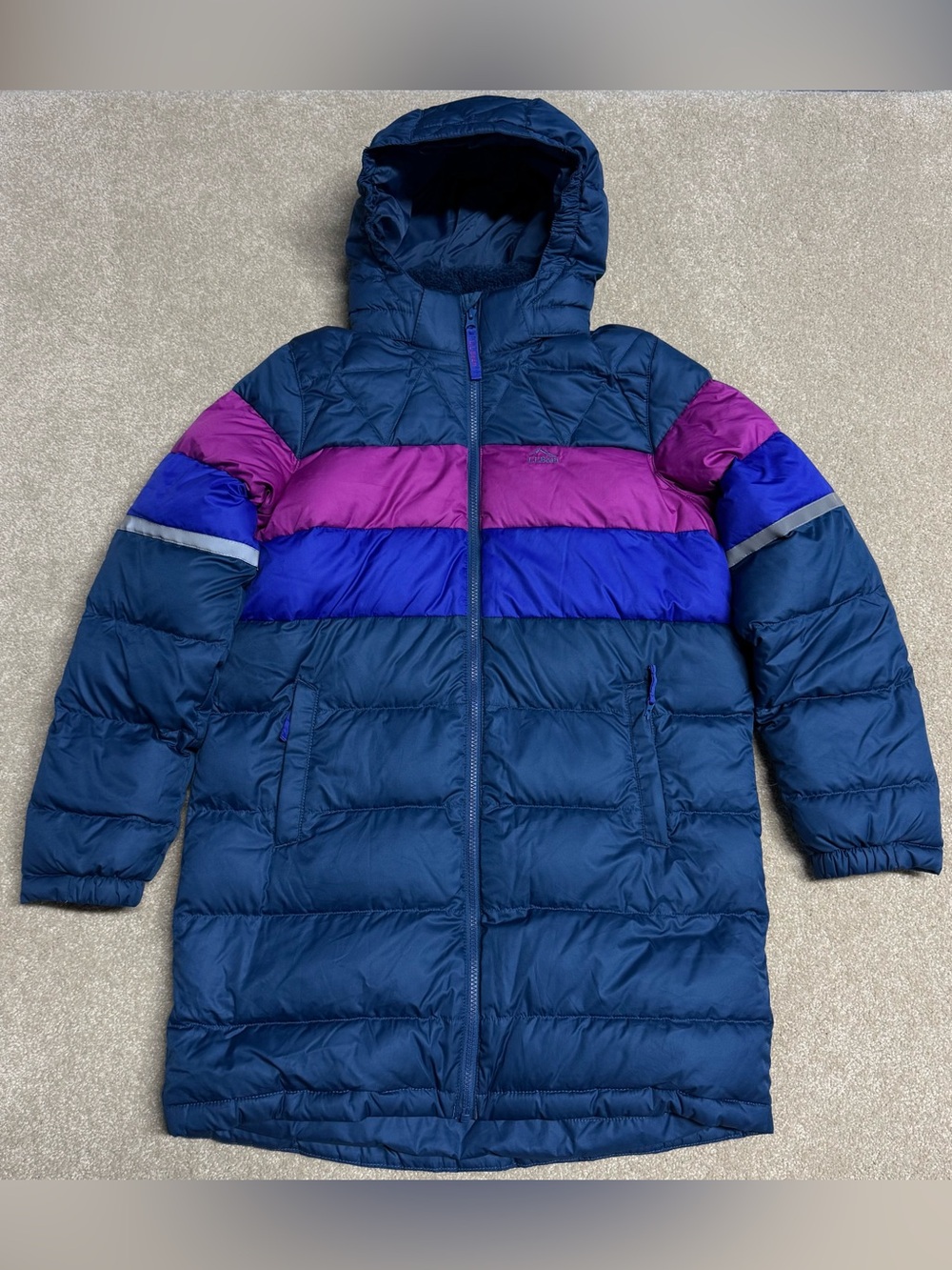 LL Bean Down Puffer Jacket Girls XL 18 Big Kids Blue Pink Lined Full Zip Pockets